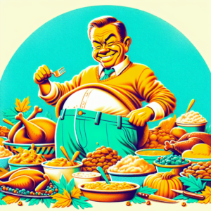 Una ilustración de la cita: "Thanksgiving, man. Not a good day to be my pants."